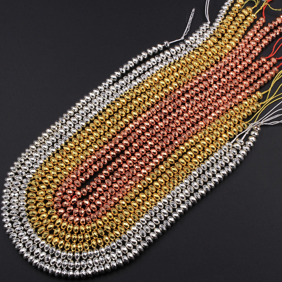 Titanium Hematite Faceted Rondelle Beads Electroplated Bright Silver Rose Gold 3mm 4mm 6mm 15.5" Strand