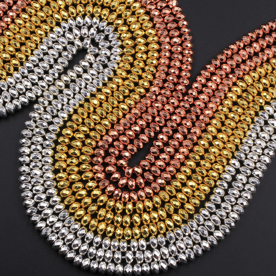 Titanium Hematite Faceted Rondelle Beads Electroplated Bright Silver Rose Gold 3mm 4mm 6mm 15.5" Strand