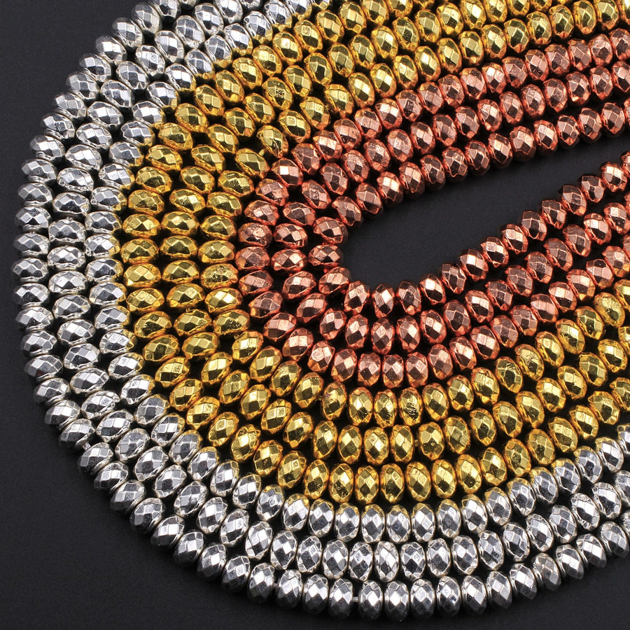 Titanium Hematite Faceted Rondelle Beads Electroplated Bright Silver Rose Gold 3mm 4mm 6mm 15.5" Strand