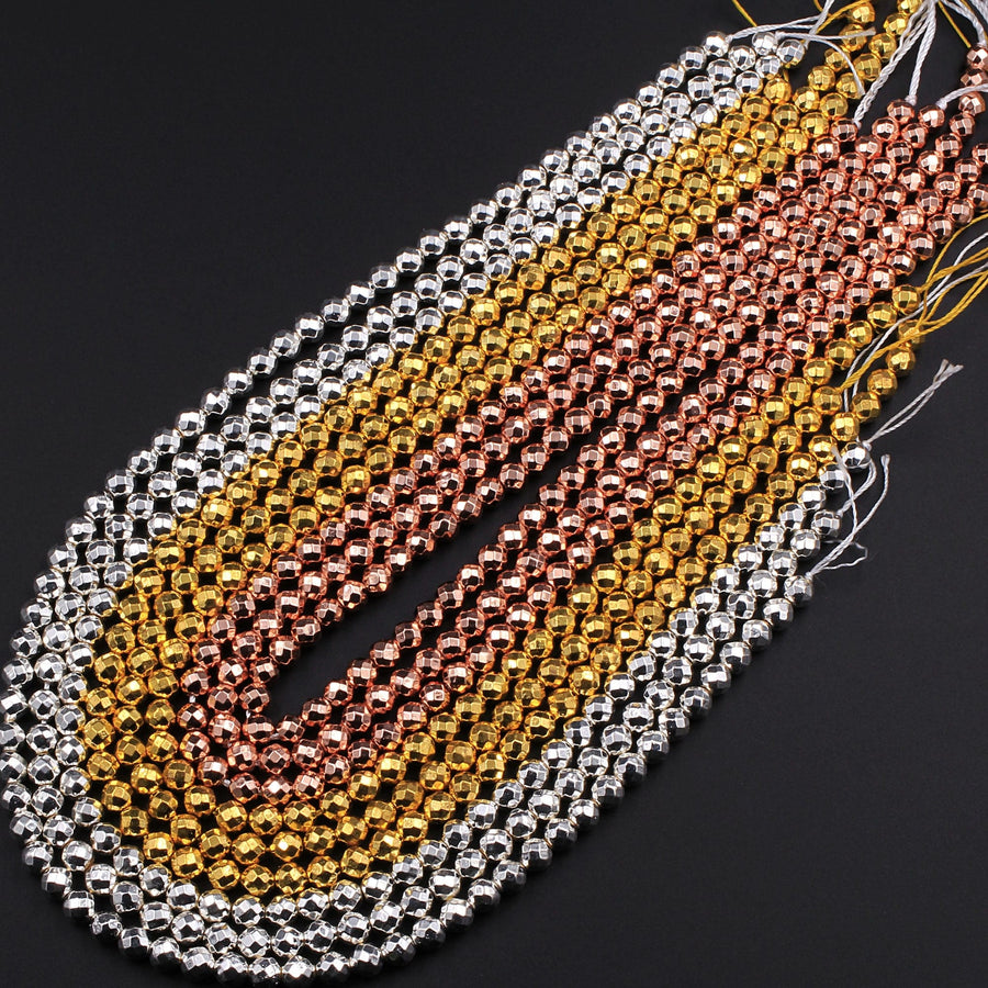 Faceted Titanium Hematite Round Beads Electroplated Bright Silver Rose Gold 2mm 3mm 4mm 6mm 8mm 15.5" Strand