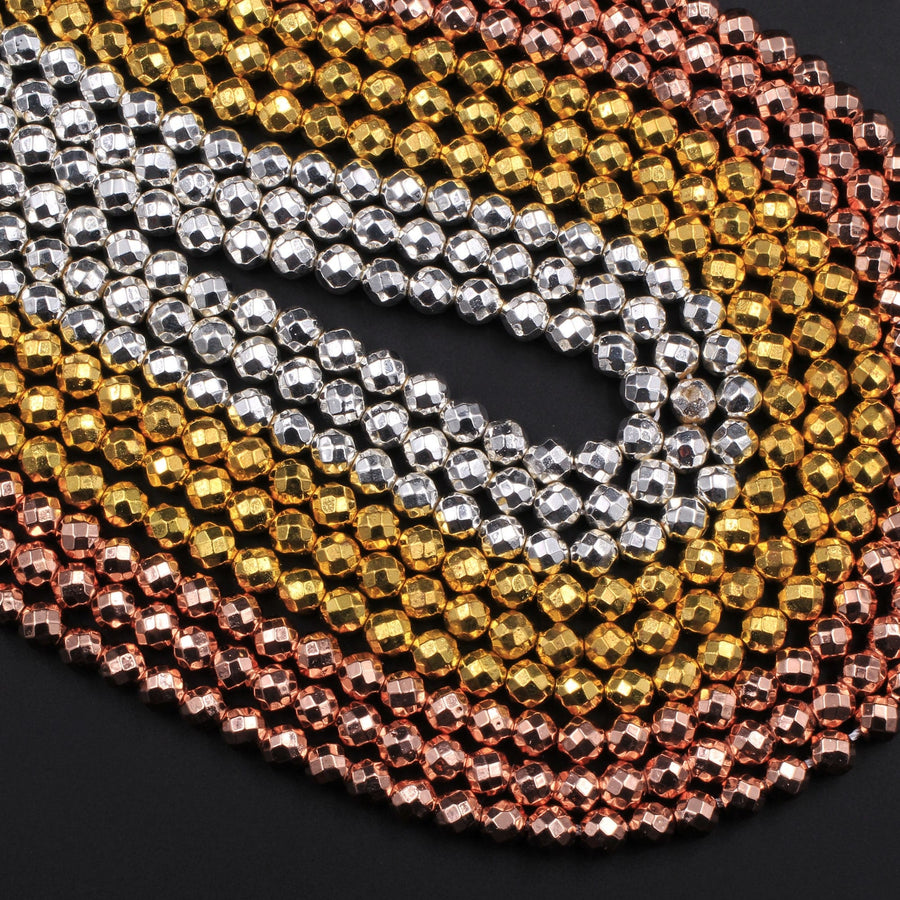 Faceted Titanium Hematite Round Beads Electroplated Bright Silver Rose Gold 2mm 3mm 4mm 6mm 8mm 15.5" Strand