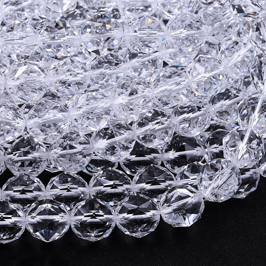 AAA Genuine 100% Natural Rock Quartz Faceted 6mm 8mm 10mm 12mm 14mm 16mm Round Beads Gem Quality Geometric Diamond Star Cut 15.5" Strand