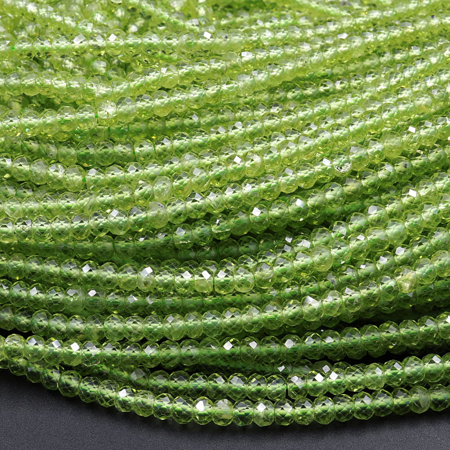Stunning Natural Green Peridot 2mm 3mm 4mm Faceted Rondelle Beads Micro Laser Diamond Cut Real Genuine Peridot Gemstone 15.5" Strand