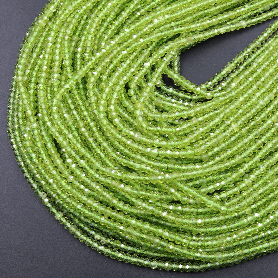 Stunning Natural Green Peridot 2mm 3mm 4mm Faceted Rondelle Beads Micro Laser Diamond Cut Real Genuine Peridot Gemstone 15.5" Strand