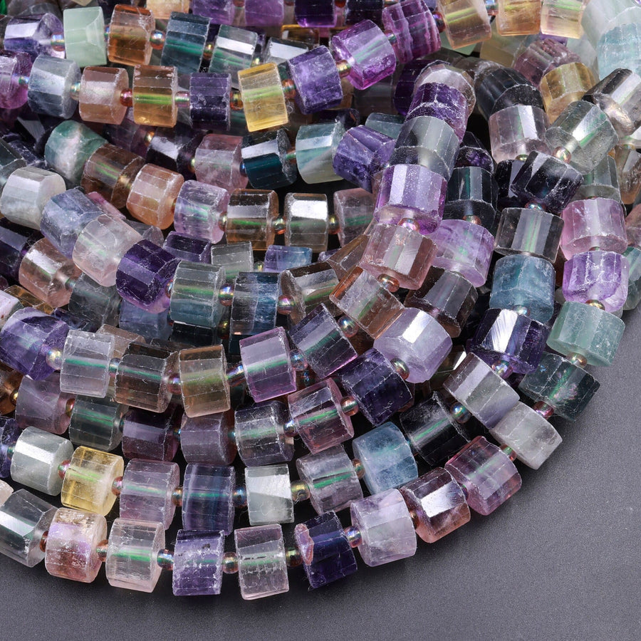 AAA Natural Fluorite Faceted Rondelle Tube Cylinder Beads Laser Diamond Cut Rainbow Purple Green Blue Yellow Gemstone 15.5" Strand