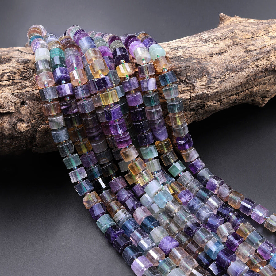 AAA Natural Fluorite Faceted Rondelle Tube Cylinder Beads Laser Diamond Cut Rainbow Purple Green Blue Yellow Gemstone 15.5" Strand