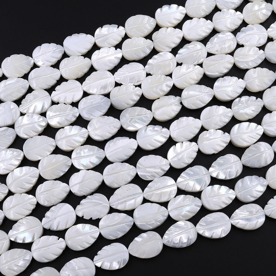 AAA Iridescent Hand Carved Natural White Mother of Pearl Shell Beads Teardrop Leaf Shape 15.5" Strand