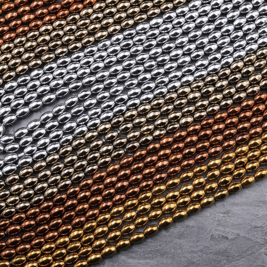 Shiny Titanium Hematite Rice Beads Drum Barrel Champagne Bronze Silver Gold Black 5x3mm 15.5" Strand