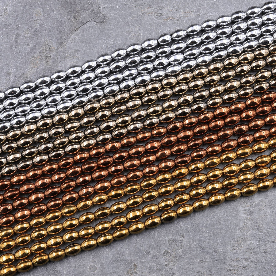 Shiny Titanium Hematite Rice Beads Drum Barrel Champagne Bronze Silver Gold Black 5x3mm 15.5" Strand