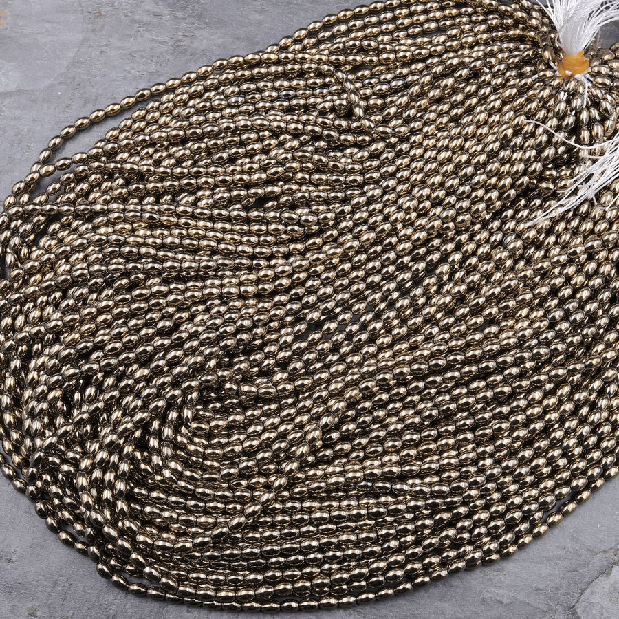 Shiny Titanium Hematite Rice Beads Drum Barrel Champagne Bronze Silver Gold Black 5x3mm 15.5" Strand