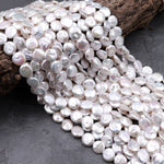 AAA Natural White Coin Pearl 10mm 12mm 13mm 14mm Iridescent High Quality Real Genuine Freshwater Pearls 15" Strand