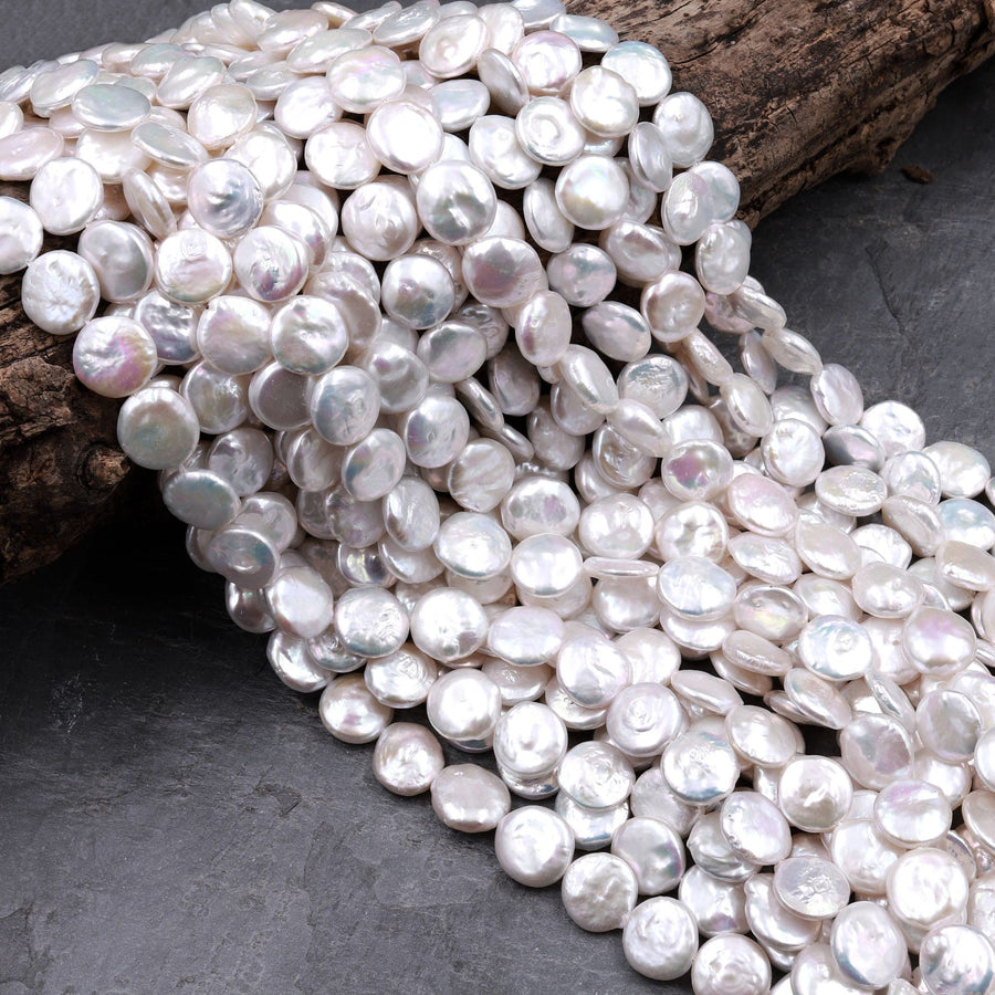 AAA Natural White Coin Pearl 10mm 12mm 13mm 14mm Iridescent High Quality Real Genuine Freshwater Pearls 15" Strand