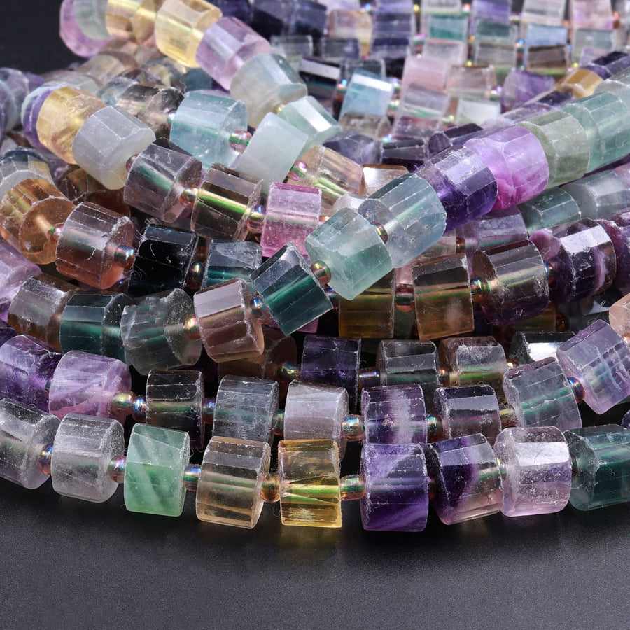 AAA Natural Fluorite Faceted Rondelle Tube Cylinder Beads Laser Diamond Cut Rainbow Purple Green Blue Yellow Gemstone 15.5" Strand