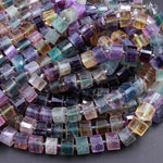 AAA Natural Fluorite Faceted Rondelle Tube Cylinder Beads Laser Diamond Cut Rainbow Purple Green Blue Yellow Gemstone 15.5" Strand