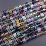 AAA Natural Fluorite Faceted Rondelle Tube Cylinder Beads Laser Diamond Cut Rainbow Purple Green Blue Yellow Gemstone 15.5" Strand