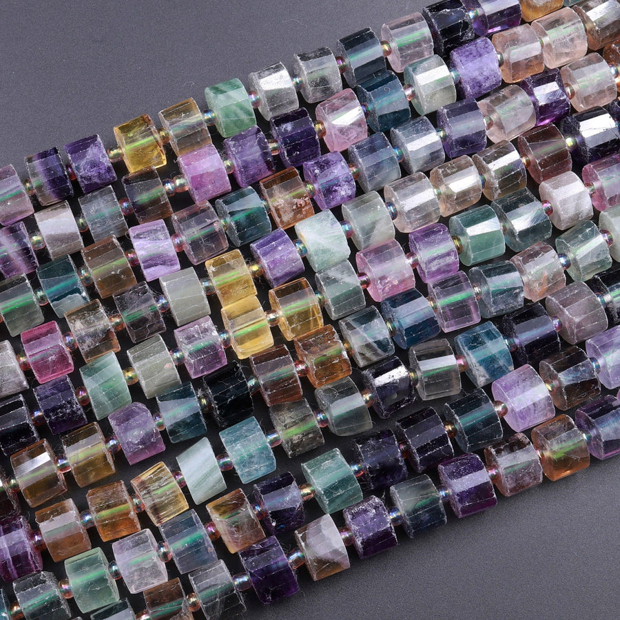 AAA Natural Fluorite Faceted Rondelle Tube Cylinder Beads Laser Diamond Cut Rainbow Purple Green Blue Yellow Gemstone 15.5" Strand