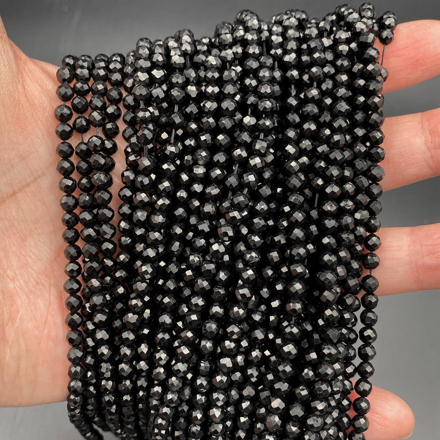 AAA Genuine Natural Black Tourmaline Faceted Round Beads 2mm 3mm 4mm 5mm 6mm Micro Diamond Cut Gemstone 15.5" Strand
