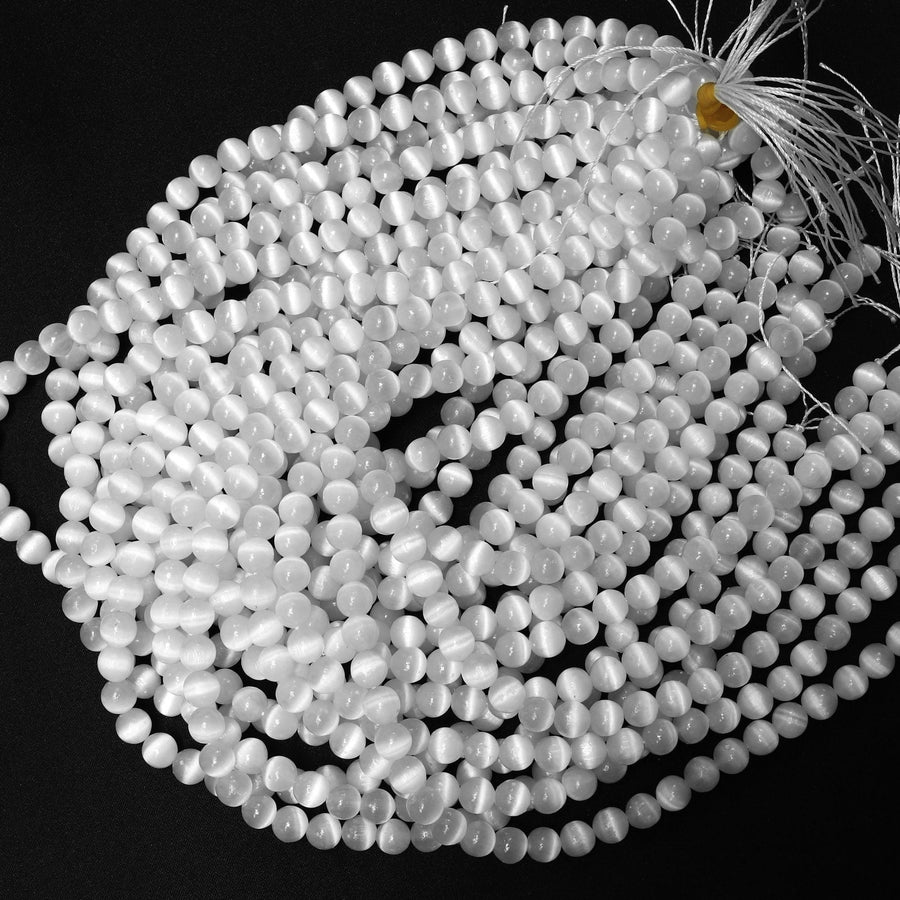 AAA Natural Selenite 4mm 6mm 8mm 10mm Round Beads High Quality Real Genuine Natural Cat's Eye Selenite Gemstone 15.5" Strand