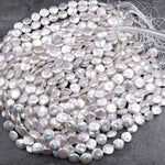 AAA Natural White Coin Pearl 10mm 12mm 13mm 14mm Iridescent High Quality Real Genuine Freshwater Pearls 15" Strand
