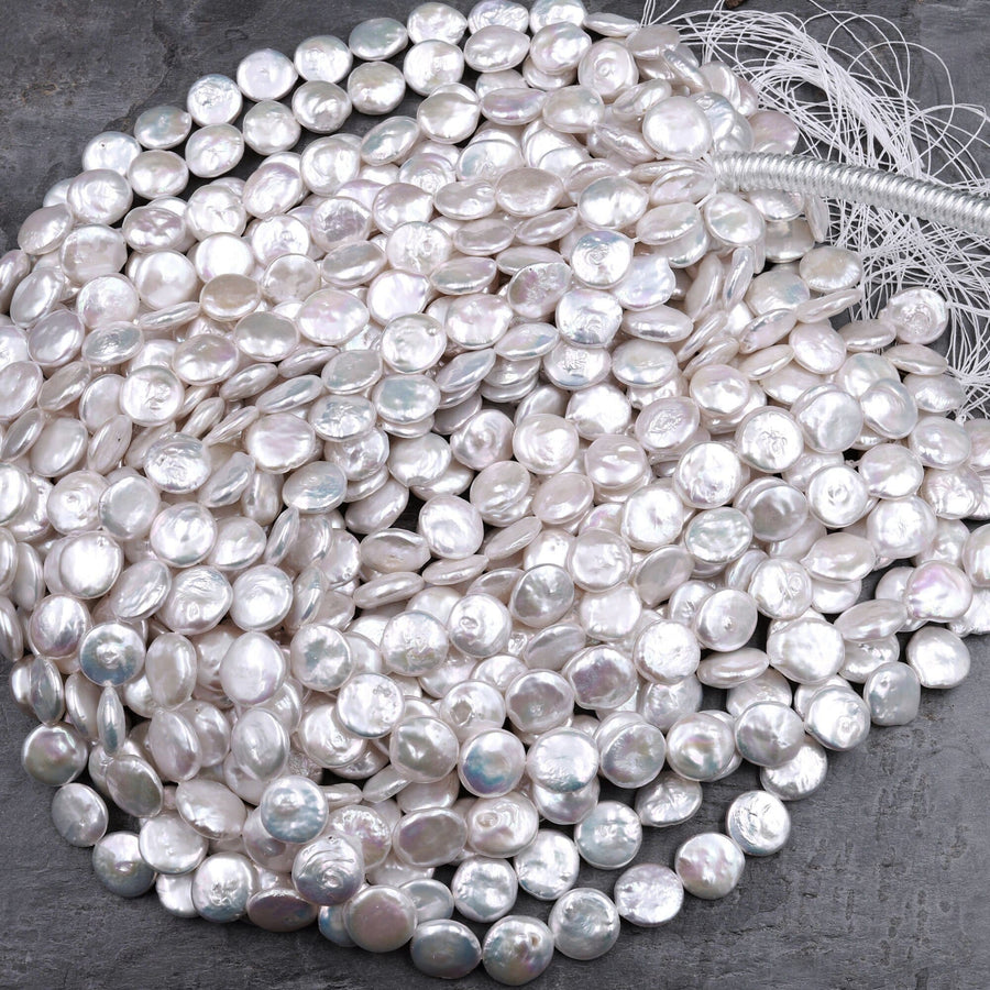AAA Natural White Coin Pearl 10mm 12mm 13mm 14mm Iridescent High Quality Real Genuine Freshwater Pearls 15" Strand