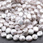 AAA Natural White Coin Pearl 10mm 12mm 13mm 14mm Iridescent High Quality Real Genuine Freshwater Pearls 15" Strand