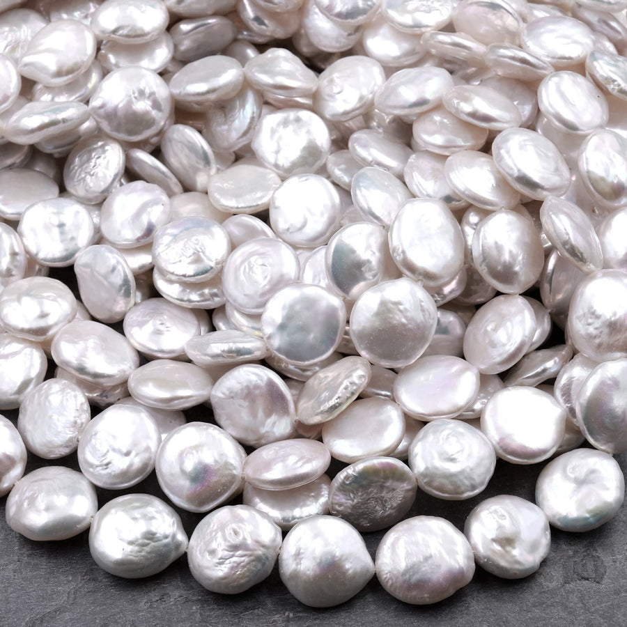 AAA Natural White Coin Pearl 10mm 12mm 13mm 14mm Iridescent High Quality Real Genuine Freshwater Pearls 15" Strand