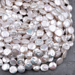 AAA Natural White Coin Pearl 10mm 12mm 13mm 14mm Iridescent High Quality Real Genuine Freshwater Pearls 15" Strand