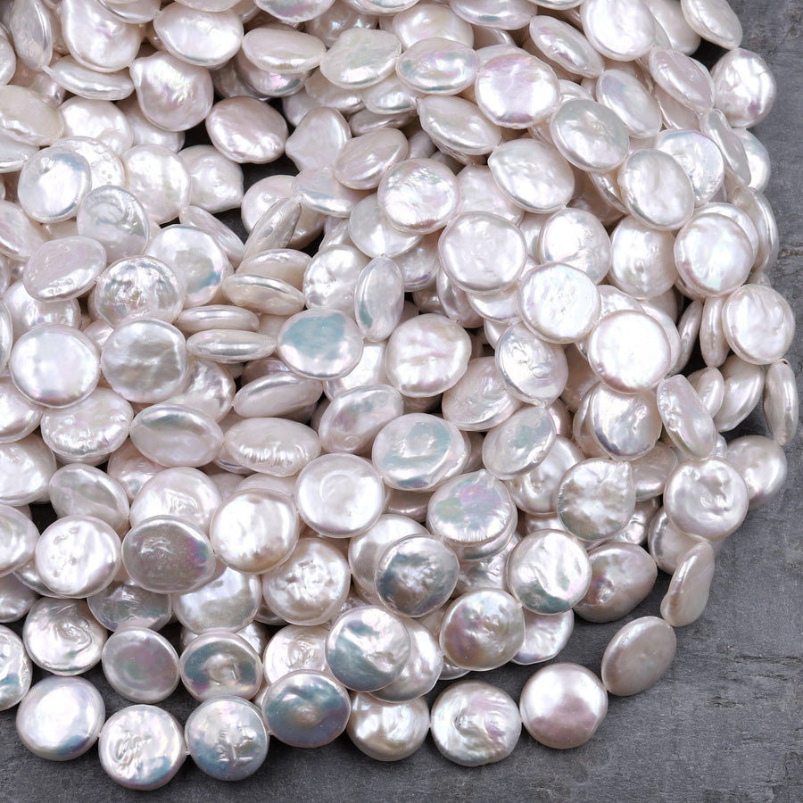 AAA Natural White Coin Pearl 10mm 12mm 13mm 14mm Iridescent High Quality Real Genuine Freshwater Pearls 15" Strand