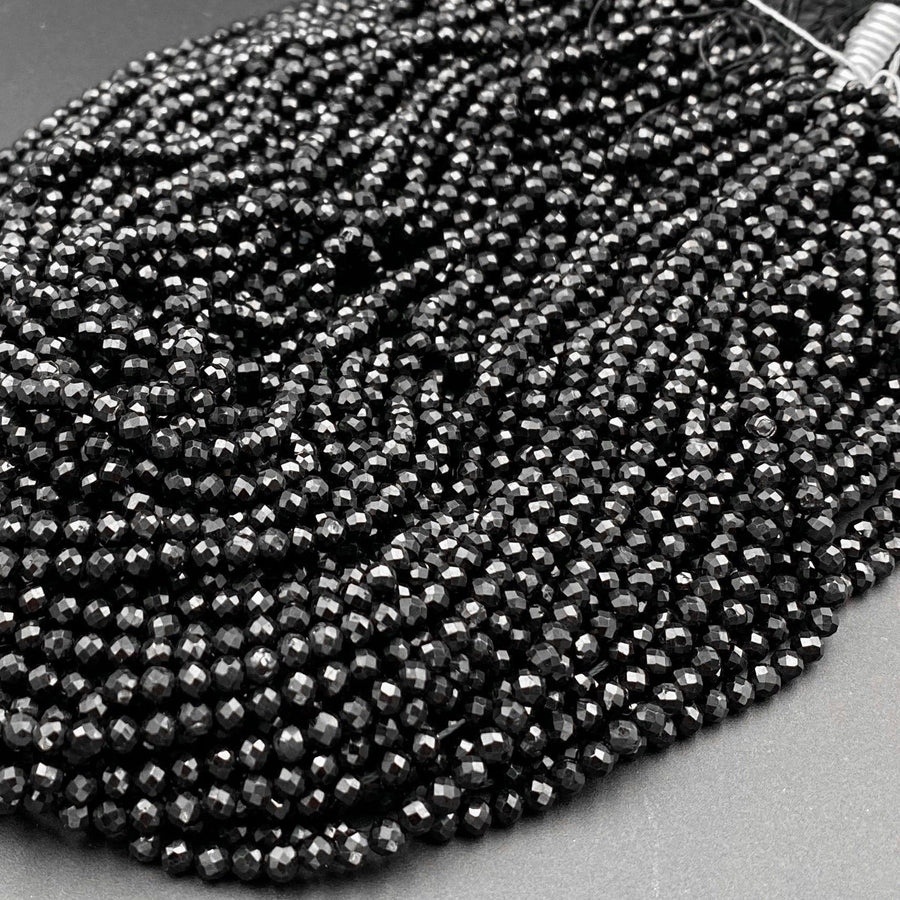 AAA Genuine Natural Black Tourmaline Faceted Round Beads 2mm 3mm 4mm 5mm 6mm Micro Diamond Cut Gemstone 15.5" Strand