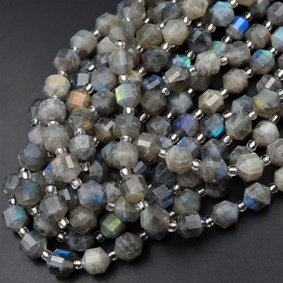 Natural Labradorite 6mm 8mm 10mm Beads Faceted Energy Prism Double Terminated Points 15.5" Strand