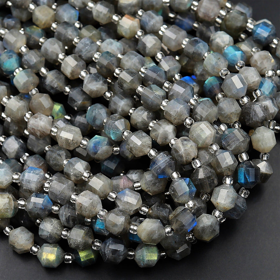 Natural Labradorite 6mm 8mm 10mm Beads Faceted Energy Prism Double Terminated Points 15.5" Strand