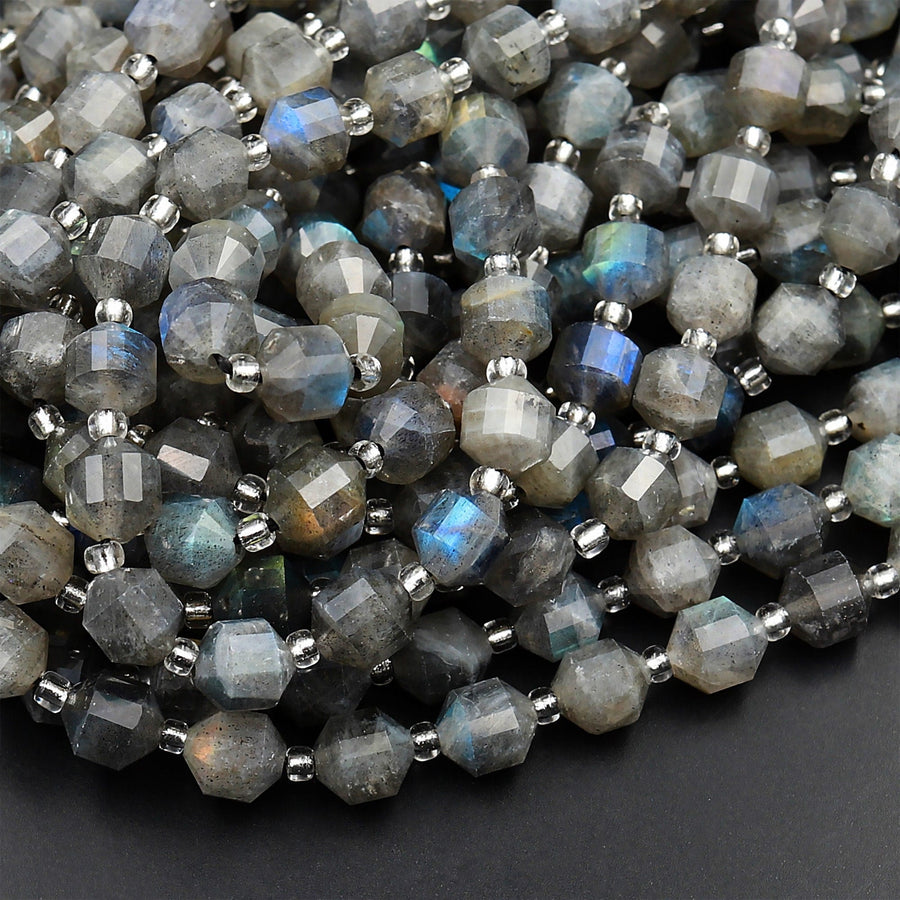 Natural Labradorite 6mm 8mm 10mm Beads Faceted Energy Prism Double Terminated Points 15.5" Strand