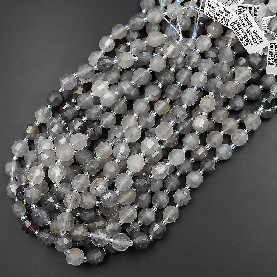 Natural Gray Cloudy Quartz 8mm 10mm Beads Faceted Energy Prism Double Terminated Points 15.5" Strand