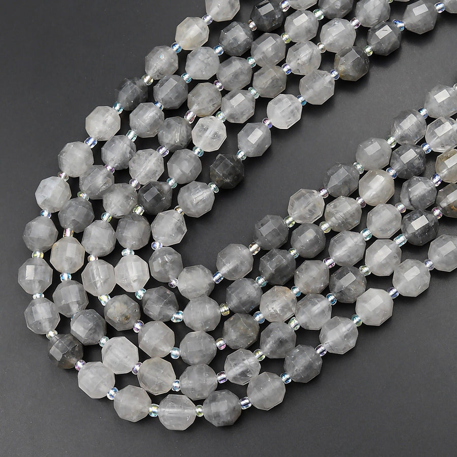 Natural Gray Cloudy Quartz 8mm 10mm Beads Faceted Energy Prism Double Terminated Points 15.5" Strand