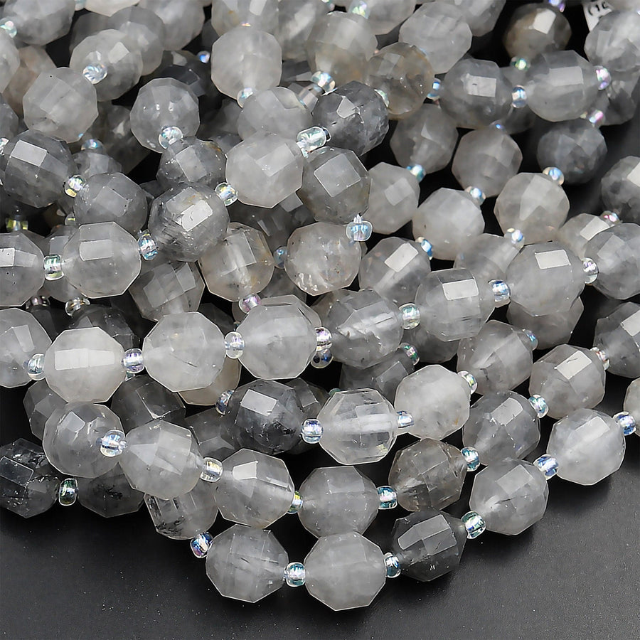 Natural Gray Cloudy Quartz 8mm 10mm Beads Faceted Energy Prism Double Terminated Points 15.5" Strand