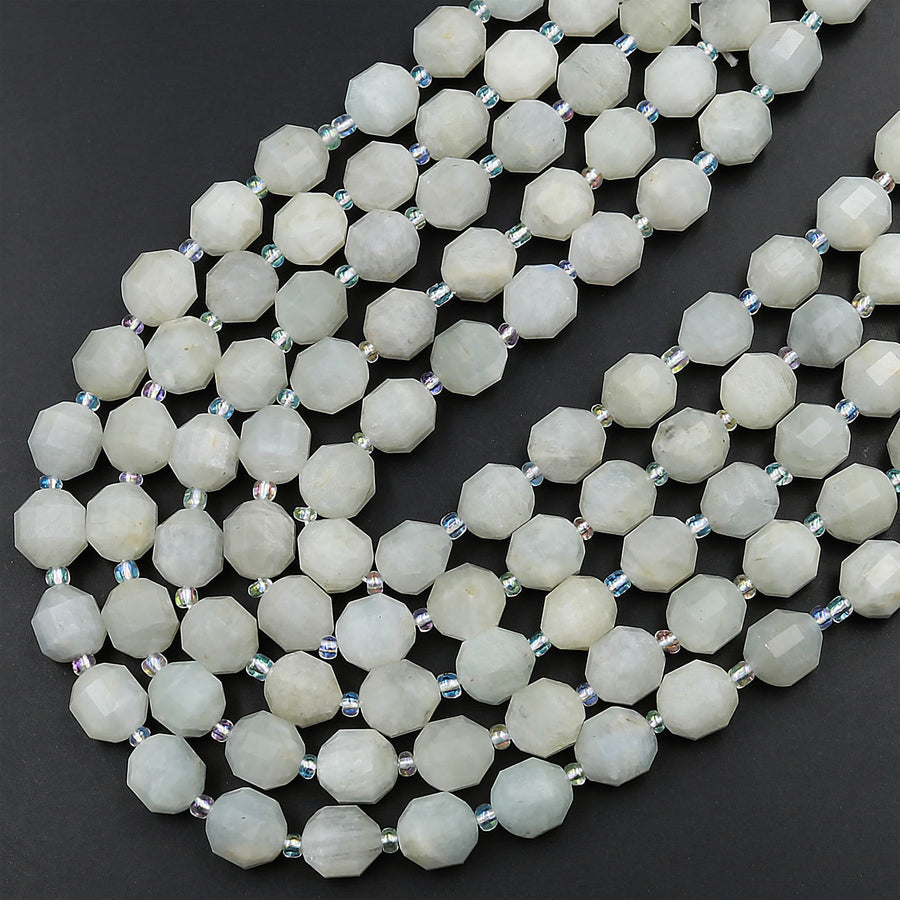 Natural White Moonstone 10mm Beads Faceted Energy Prism Double Terminated Points 15.5" Strand
