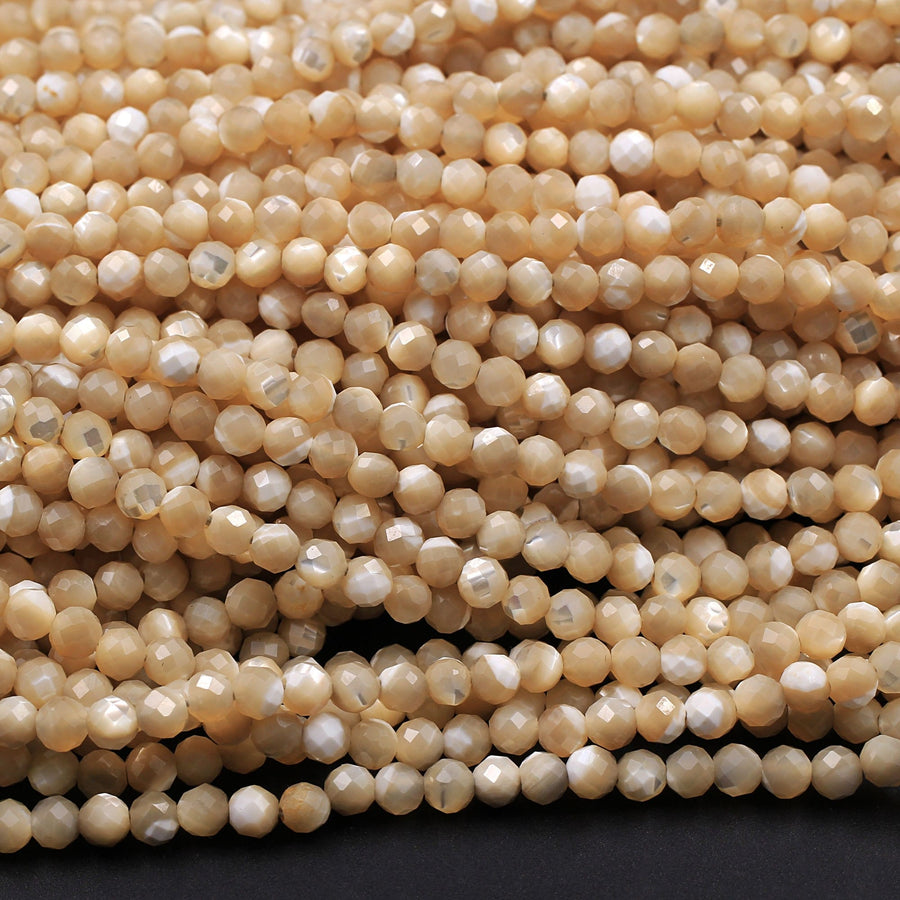 Faceted Natural Brown Mother of Pearl Round Beads 2mm 3mm 4mm Laser Diamond Cut Iridescent Pearl Gemstone 15.5" Strand