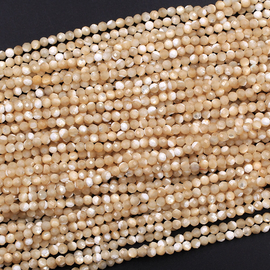 Faceted Natural Brown Mother of Pearl Round Beads 2mm 3mm 4mm Laser Diamond Cut Iridescent Pearl Gemstone 15.5" Strand