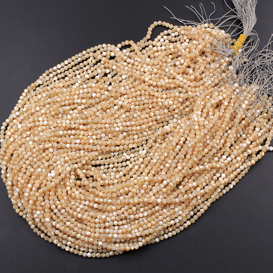 Faceted Natural Brown Mother of Pearl Round Beads 2mm 3mm 4mm Laser Diamond Cut Iridescent Pearl Gemstone 15.5" Strand