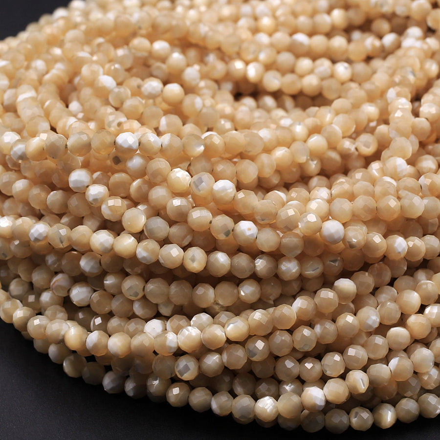 Faceted Natural Brown Mother of Pearl Round Beads 2mm 3mm 4mm Laser Diamond Cut Iridescent Pearl Gemstone 15.5" Strand