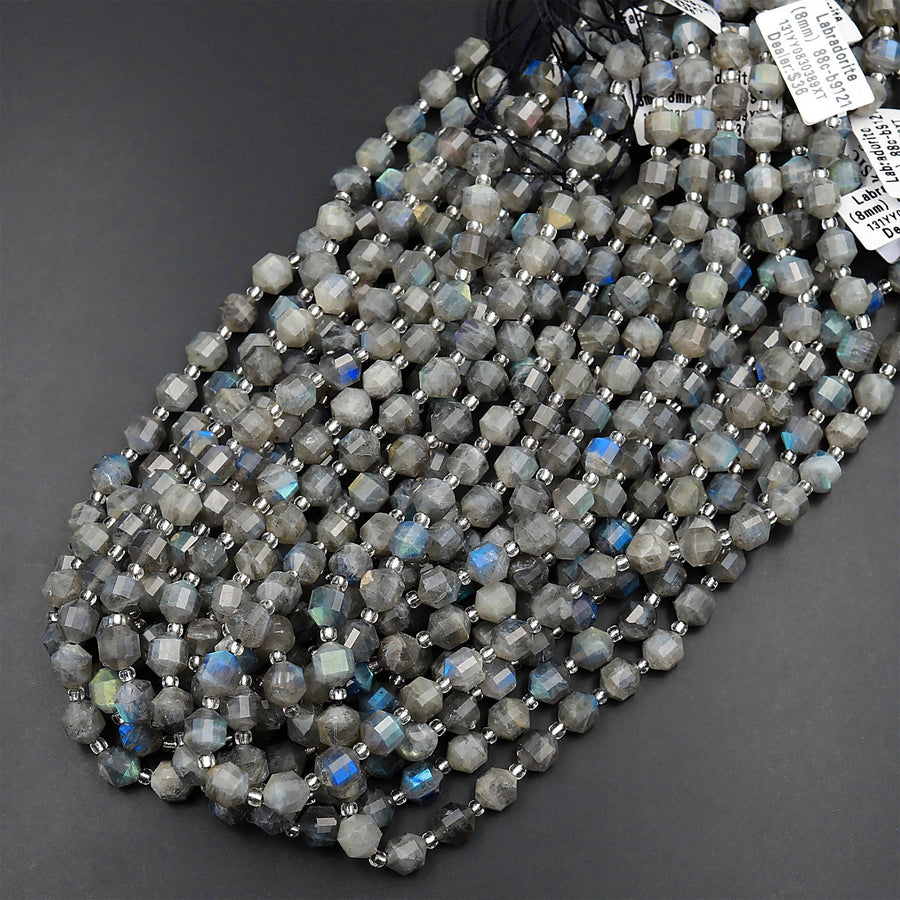 Natural Labradorite 6mm 8mm 10mm Beads Faceted Energy Prism Double Terminated Points 15.5" Strand