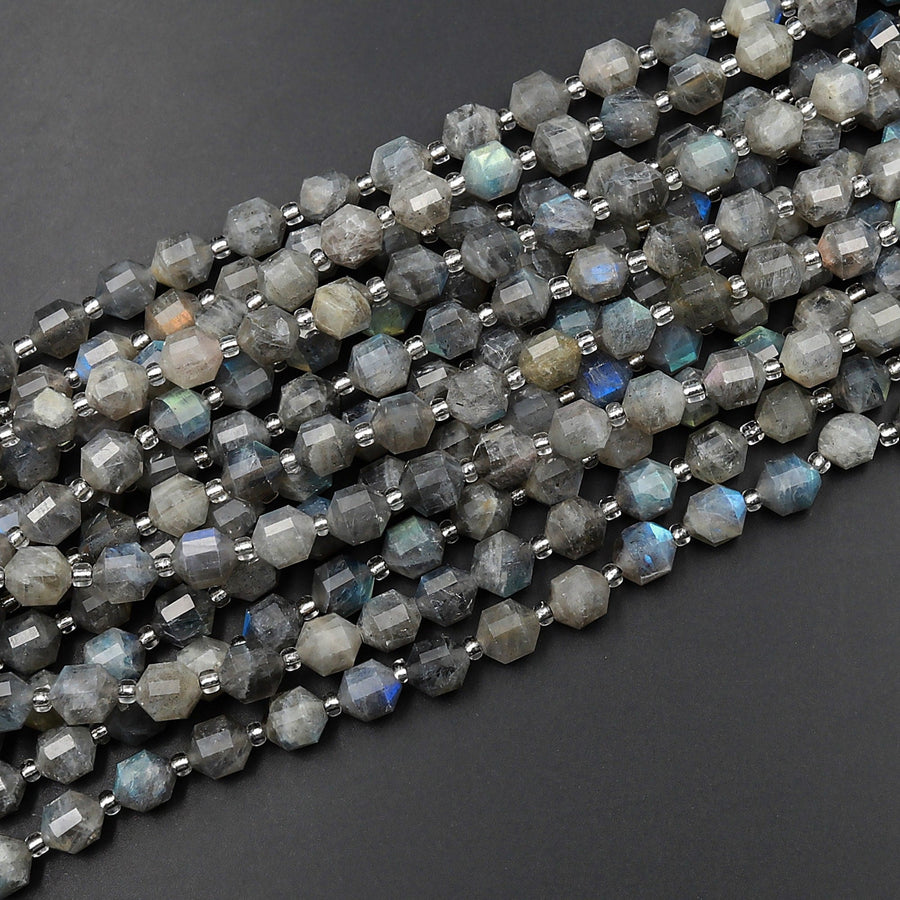 Natural Labradorite 6mm 8mm 10mm Beads Faceted Energy Prism Double Terminated Points 15.5" Strand