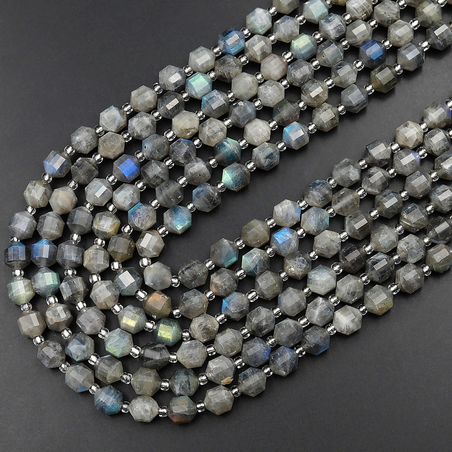 Natural Labradorite 6mm 8mm 10mm Beads Faceted Energy Prism Double Terminated Points 15.5" Strand