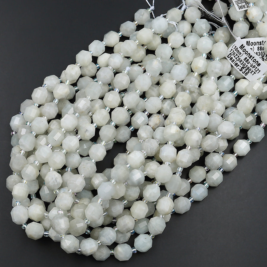 Natural White Moonstone 10mm Beads Faceted Energy Prism Double Terminated Points 15.5" Strand