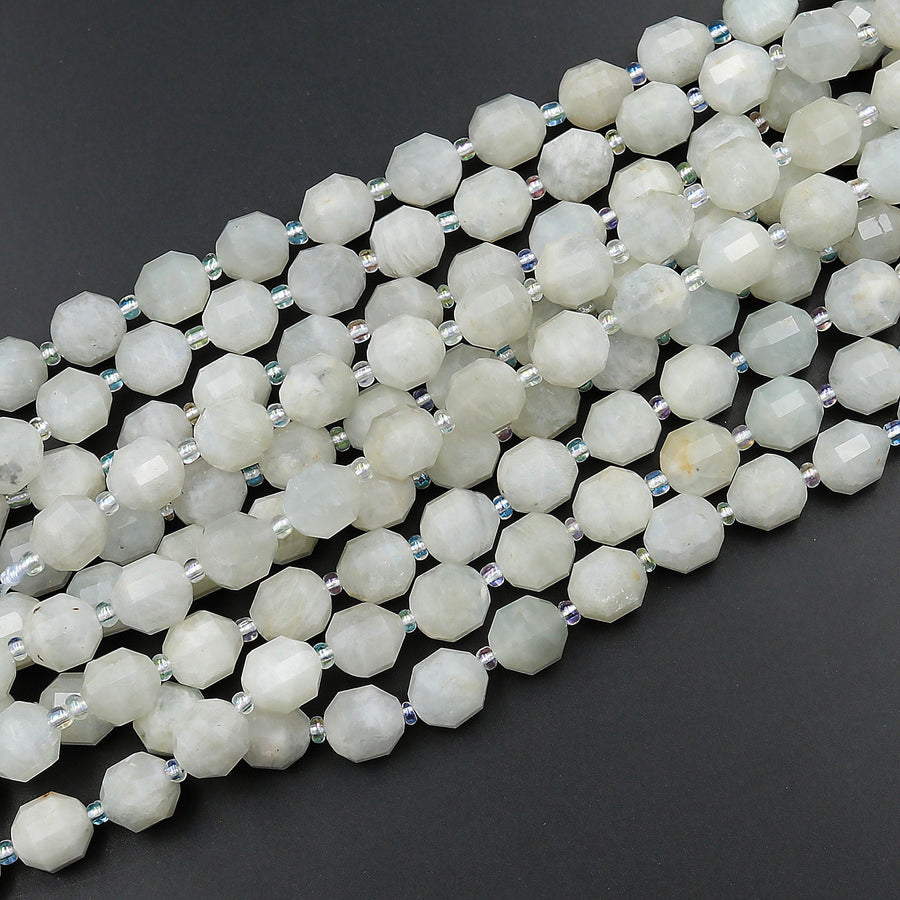 Natural White Moonstone 10mm Beads Faceted Energy Prism Double Terminated Points 15.5" Strand