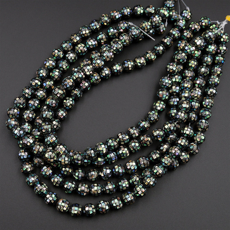 10pcs Hand Made Natural Abalone Shell Mosaic Round Loose Beads 8mm 10mm 12mm 14mm 16mm
