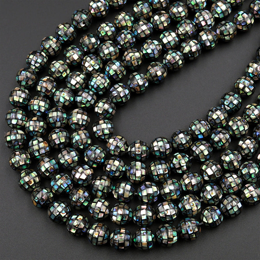 10pcs Hand Made Natural Abalone Shell Mosaic Round Loose Beads 8mm 10mm 12mm 14mm 16mm