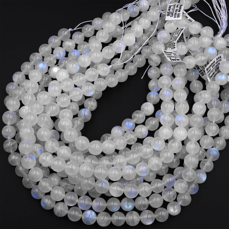 AAA Natural Rainbow Moonstone Round Beads 4mm 6mm 8mm 10mm 11mm 12mm 14mm Blue Flashes Super Translucent Gemstone 15.5" Strand