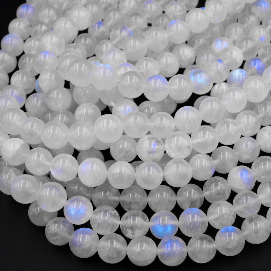 AAA Natural Rainbow Moonstone Round Beads 4mm 6mm 8mm 10mm 11mm 12mm 14mm Blue Flashes Super Translucent Gemstone 15.5" Strand
