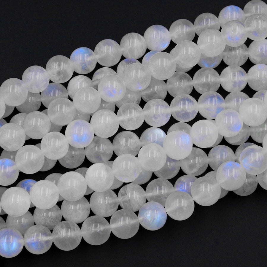 AAA Natural Rainbow Moonstone Round Beads 4mm 6mm 8mm 10mm 11mm 12mm 14mm Blue Flashes Super Translucent Gemstone 15.5" Strand